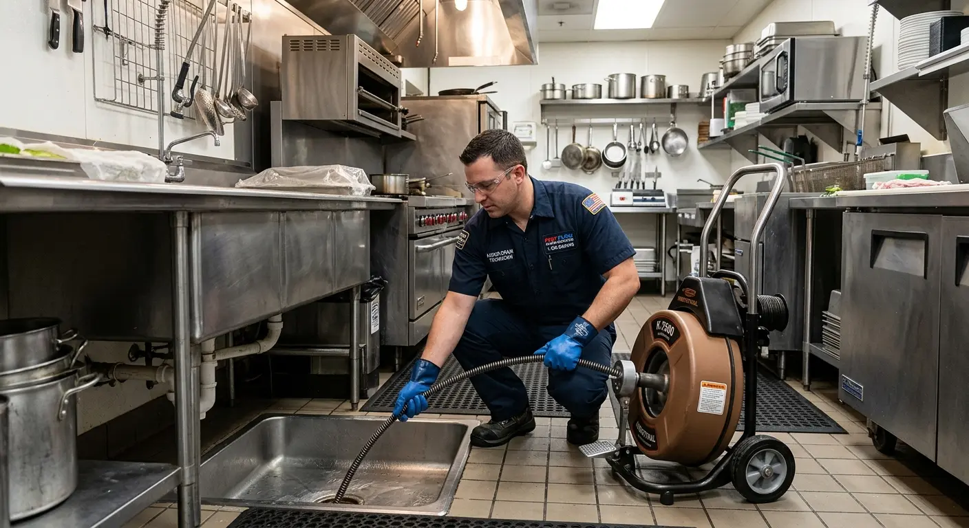 Commercial drain cleaning service in a restaurant kitchen in Groesbeck