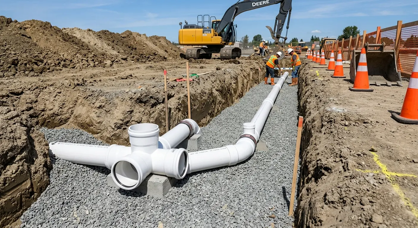 New PVC sewer pipe installation in open trench for Grease Trap Cleaning in Groesbeck