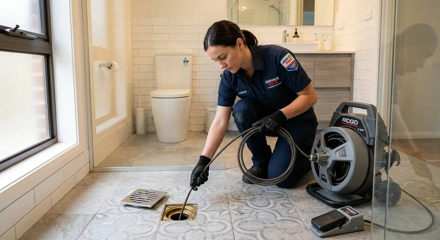 Technician clearing a bathroom floor drain for Hydro Jetting in Groesbeck